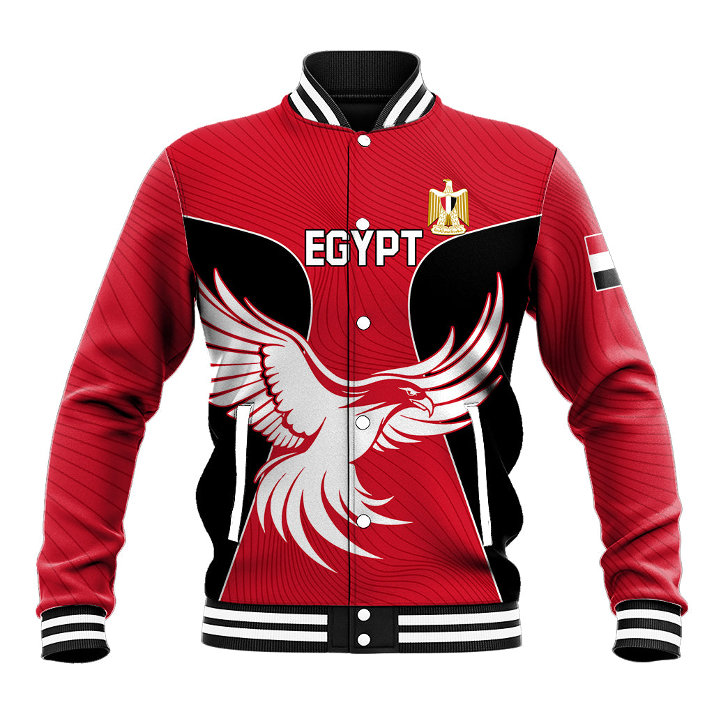 Red baseball jacket with Egypt crest, bird graphic, snap buttons, striped ribbed collar