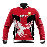 Red baseball jacket with Egypt crest, bird graphic, snap buttons, striped ribbed collar