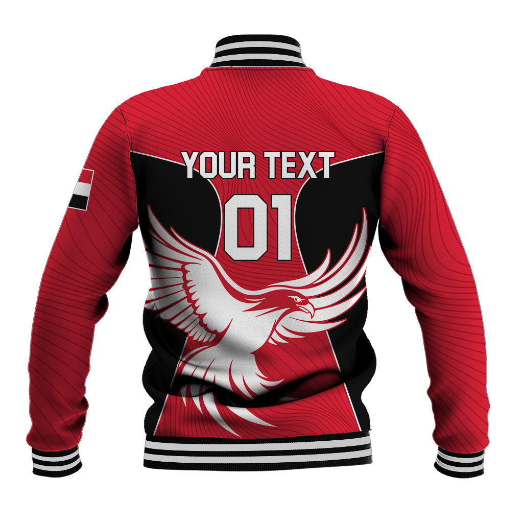Red baseball jacket back with 01 text and winged graphic, striped ribbed cuffs
