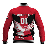 Red baseball jacket back with 01 text and winged graphic, striped ribbed cuffs