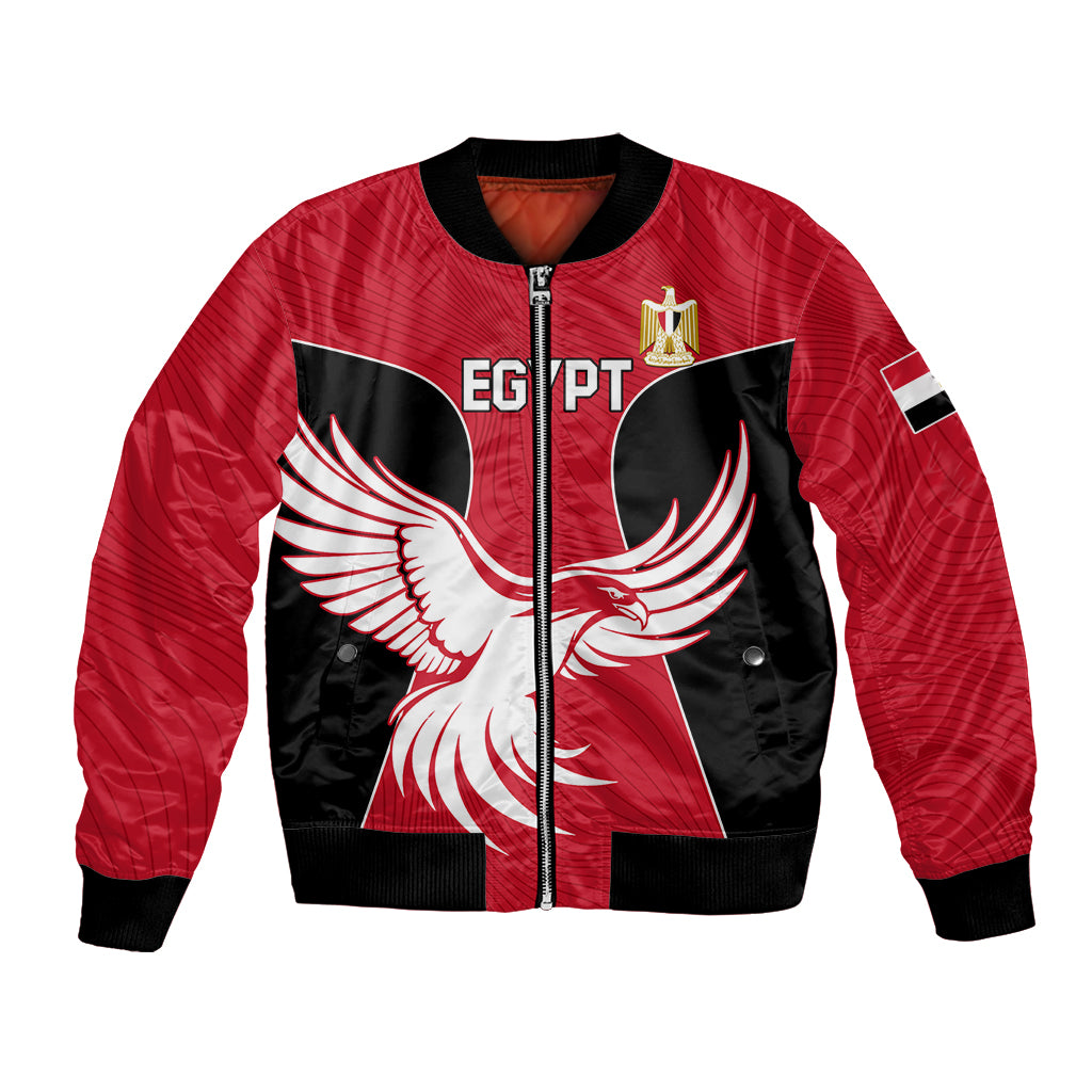 Red and black bomber jacket with full-zip front and large eagle wing graphic