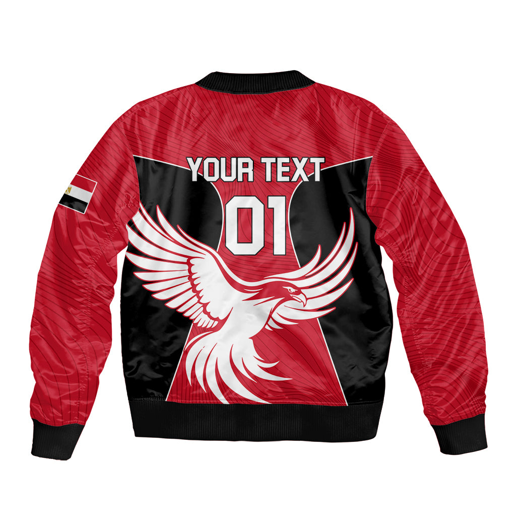 Red and black bomber jacket, back shows eagle graphic with 'YOUR TEXT 01'