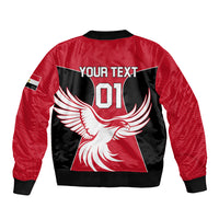 Red and black bomber jacket, back shows eagle graphic with 'YOUR TEXT 01'