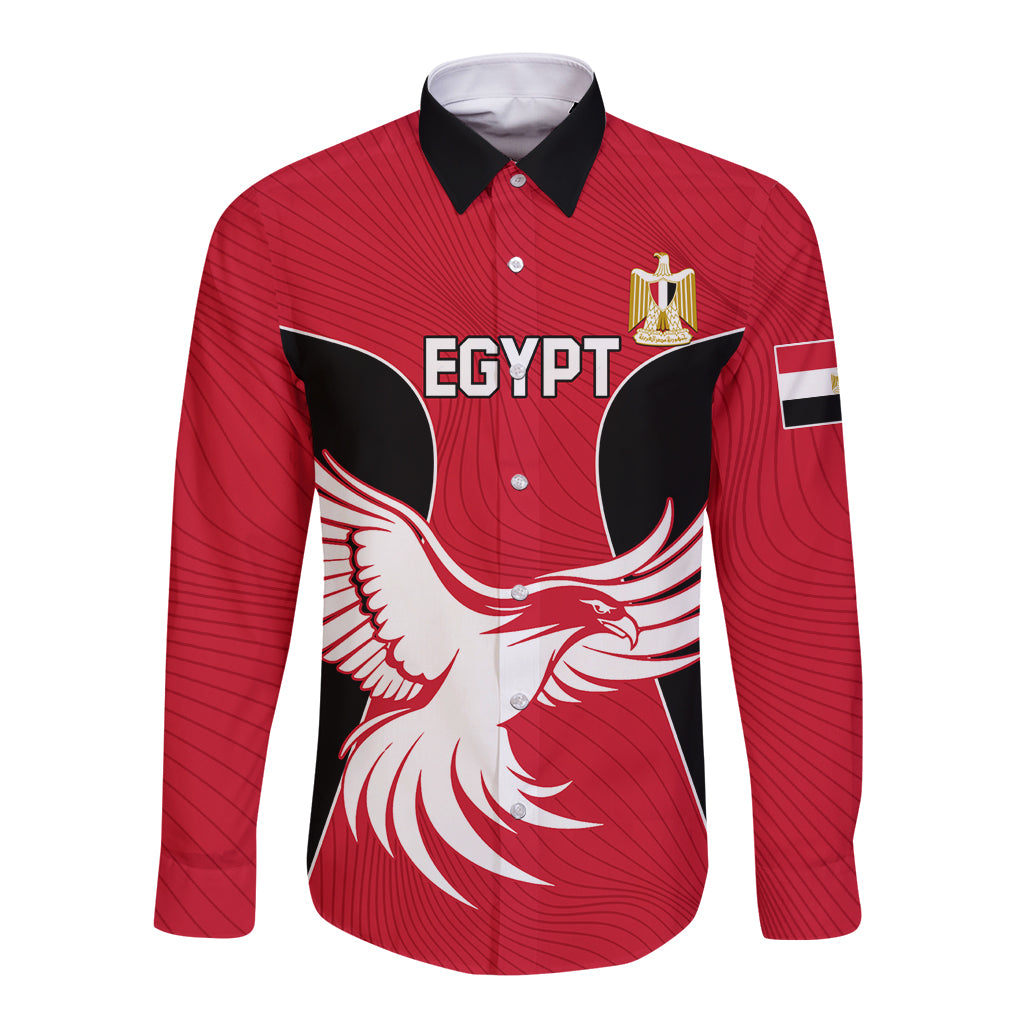 Red long-sleeve button football shirt with black collar, EGYPT logo and winged emblem
