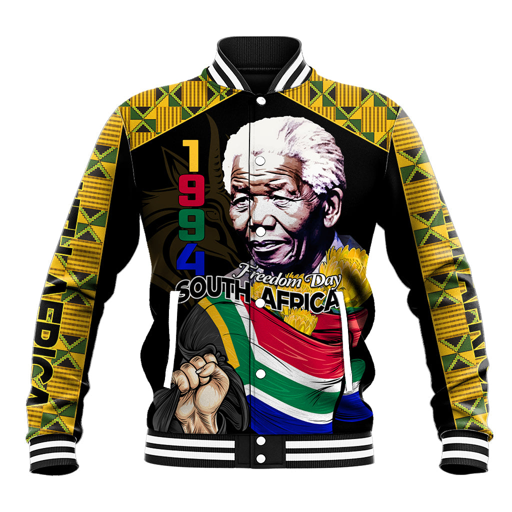 Black baseball jacket with yellow patterned sleeves and graphic Mandela, Freedom Day South Africa