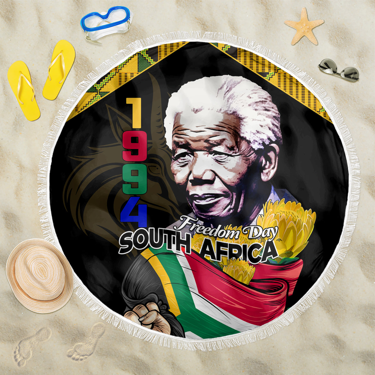 Black round beach blanket with fringe, Freedom Day South Africa and Mandela portrait