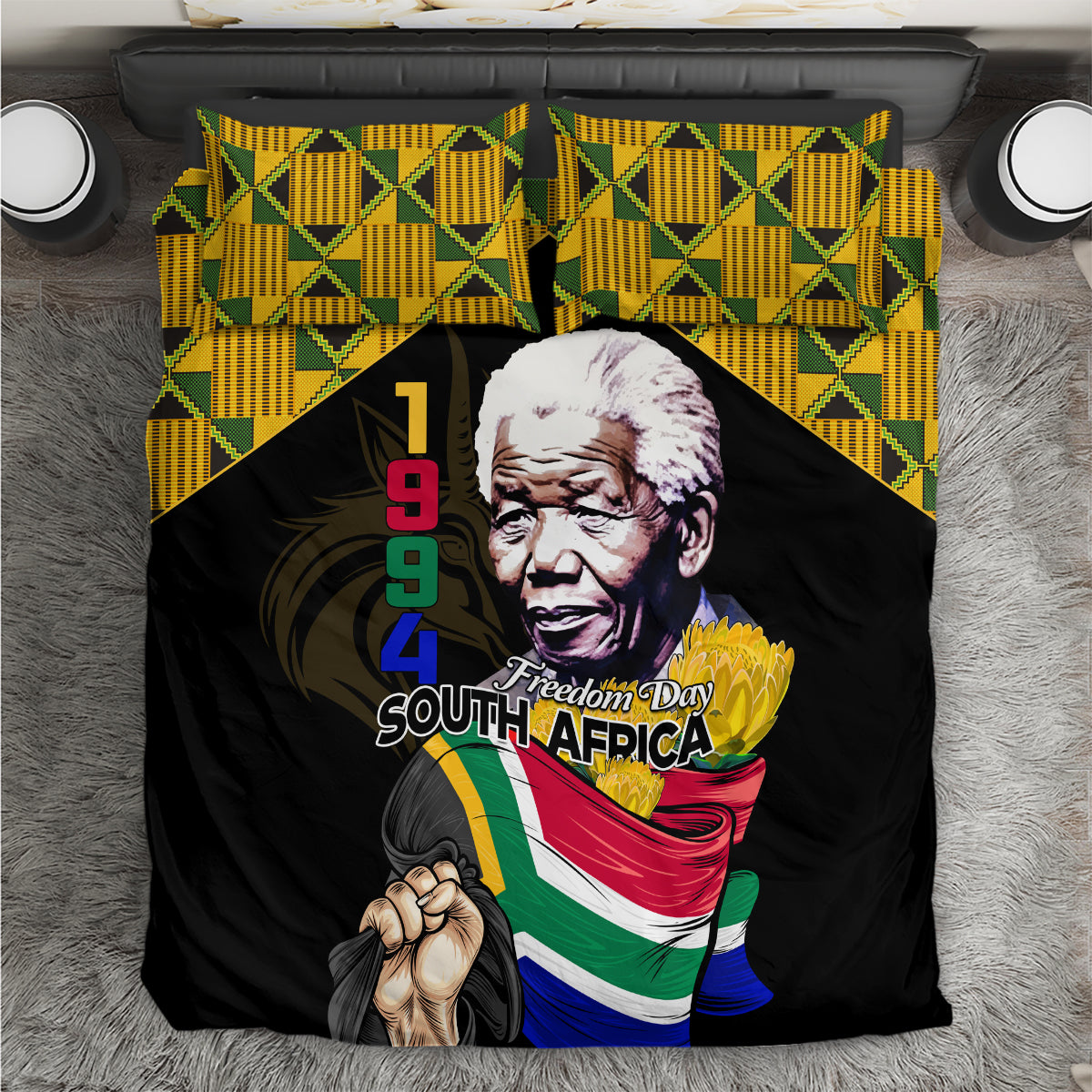 Black duvet cover with yellow-green geometric trim and Freedom Day South Africa portrait print
