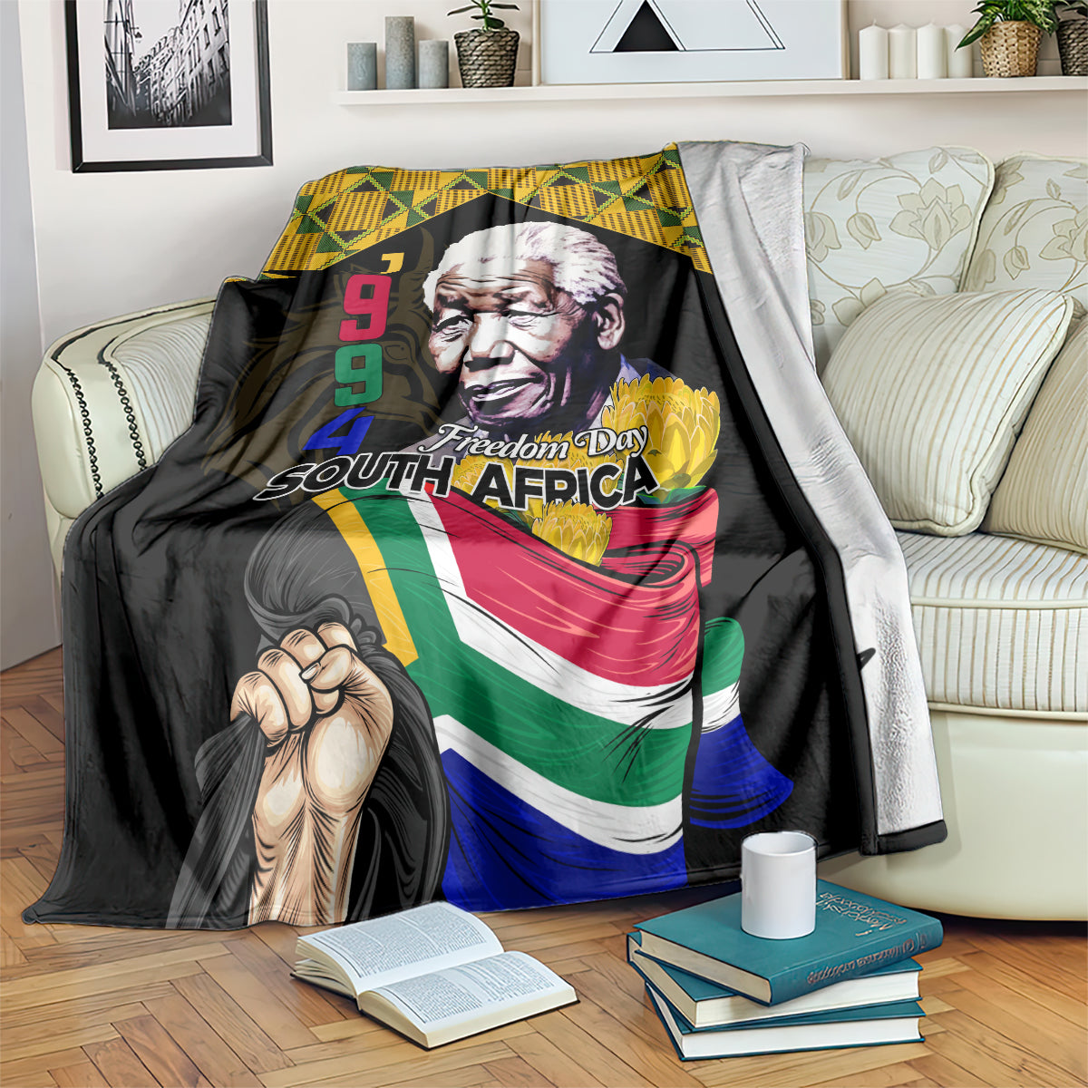 Black Freedom Day South Africa blanket with Mandela portrait and flag-themed artwork