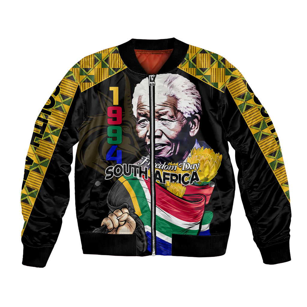 Black bomber jacket with yellow geometric sleeves, front zip, Freedom Day South Africa graphic