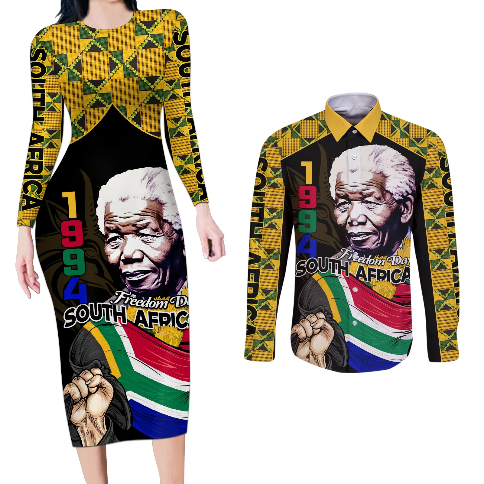 South Africa Freedom Day 2024 Couples Matching Long Sleeve Bodycon Dress and Long Sleeve Button Shirt Happy 30th Anniversary - Wonder Print Shop