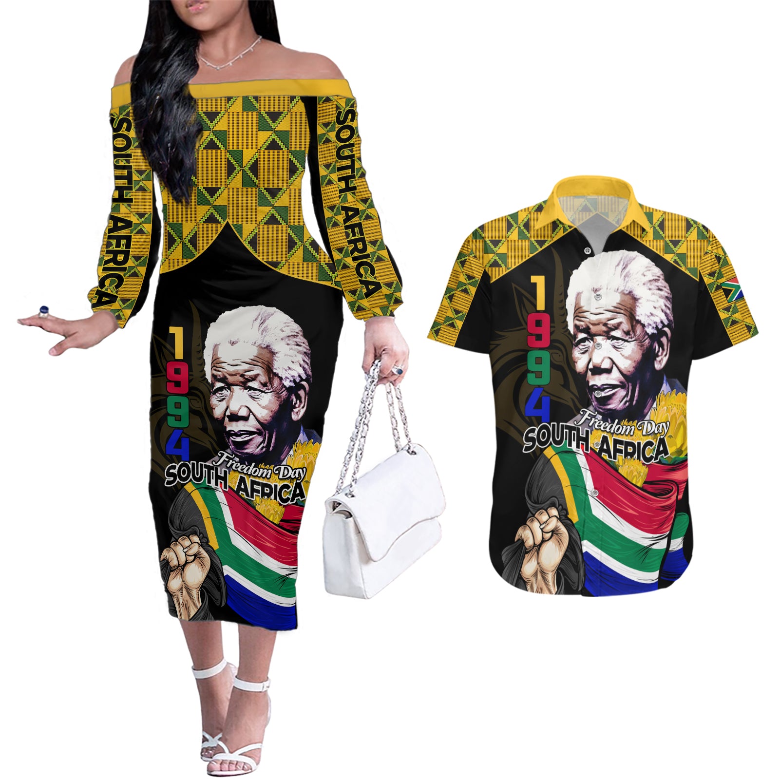 South Africa Freedom Day 2024 Couples Matching Off The Shoulder Long Sleeve Dress and Hawaiian Shirt Happy 30th Anniversary - Wonder Print Shop