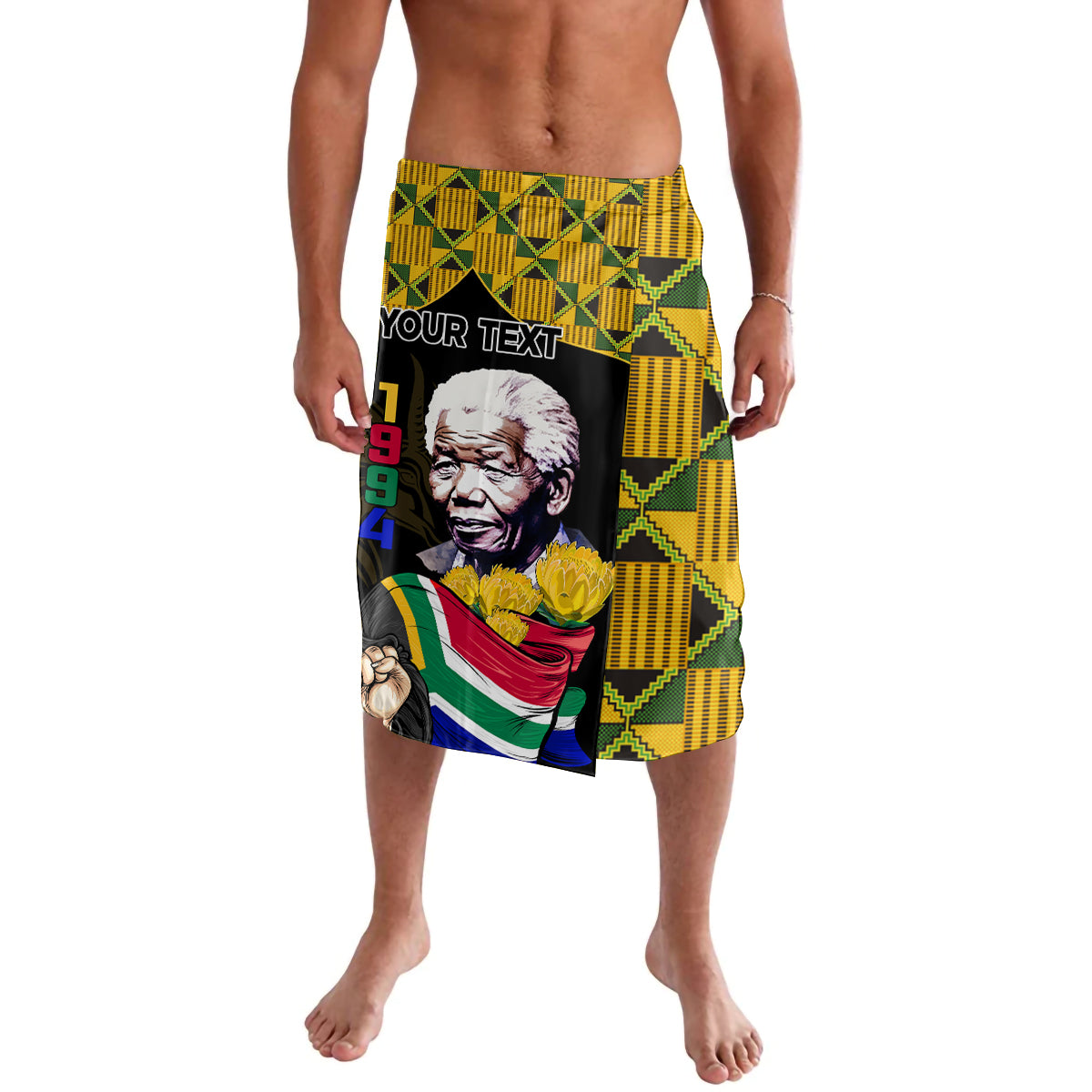 Men's lavalava wrap skirt: black waistband, yellow-green geometric print, portrait
