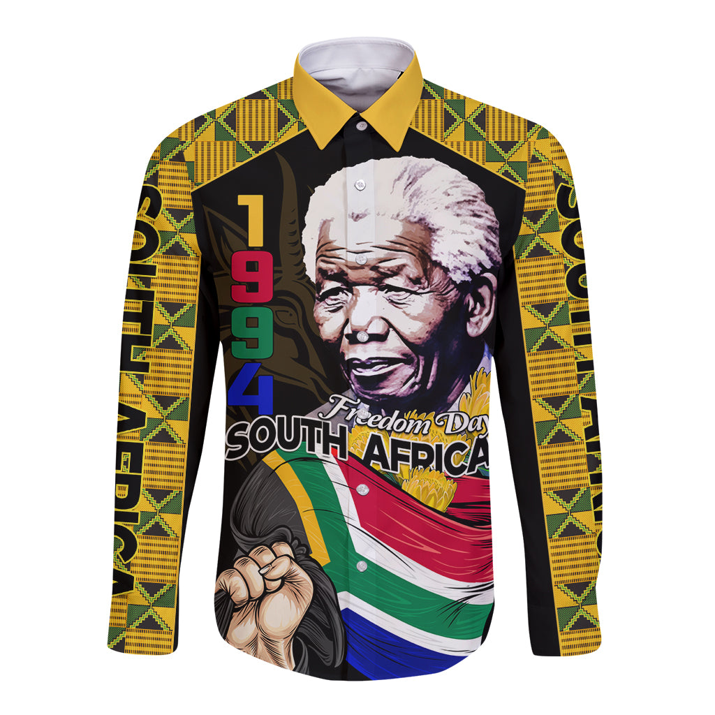 Long sleeve button shirt, black with yellow kente stripes and Mandela portrait on front