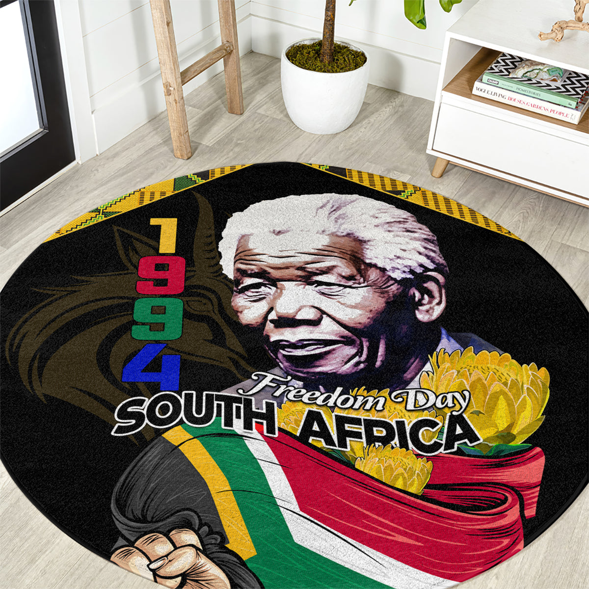 Black round carpet with Nelson Mandela portrait and 'Freedom Day South Africa' print