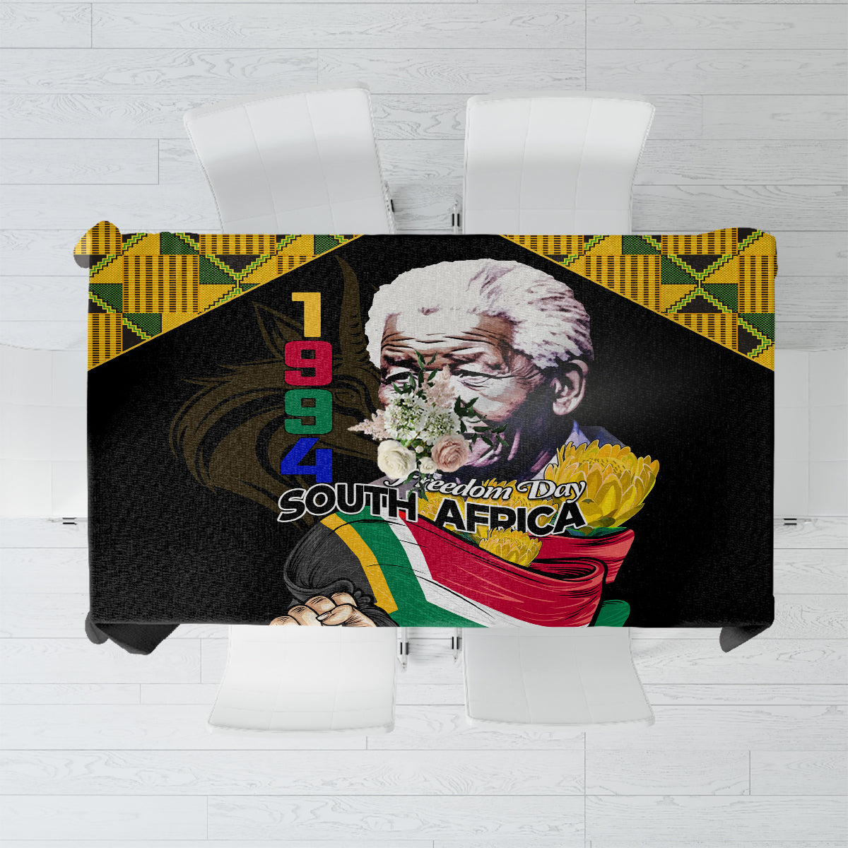Black tablecloth with South Africa Freedom Day print and flag design