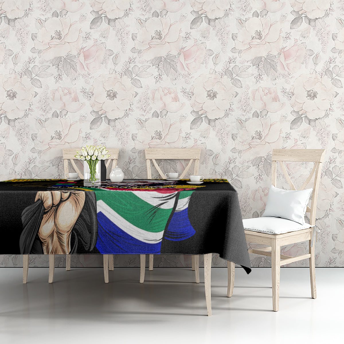 Black tablecloth with South Africa Freedom Day text and flag portrait design