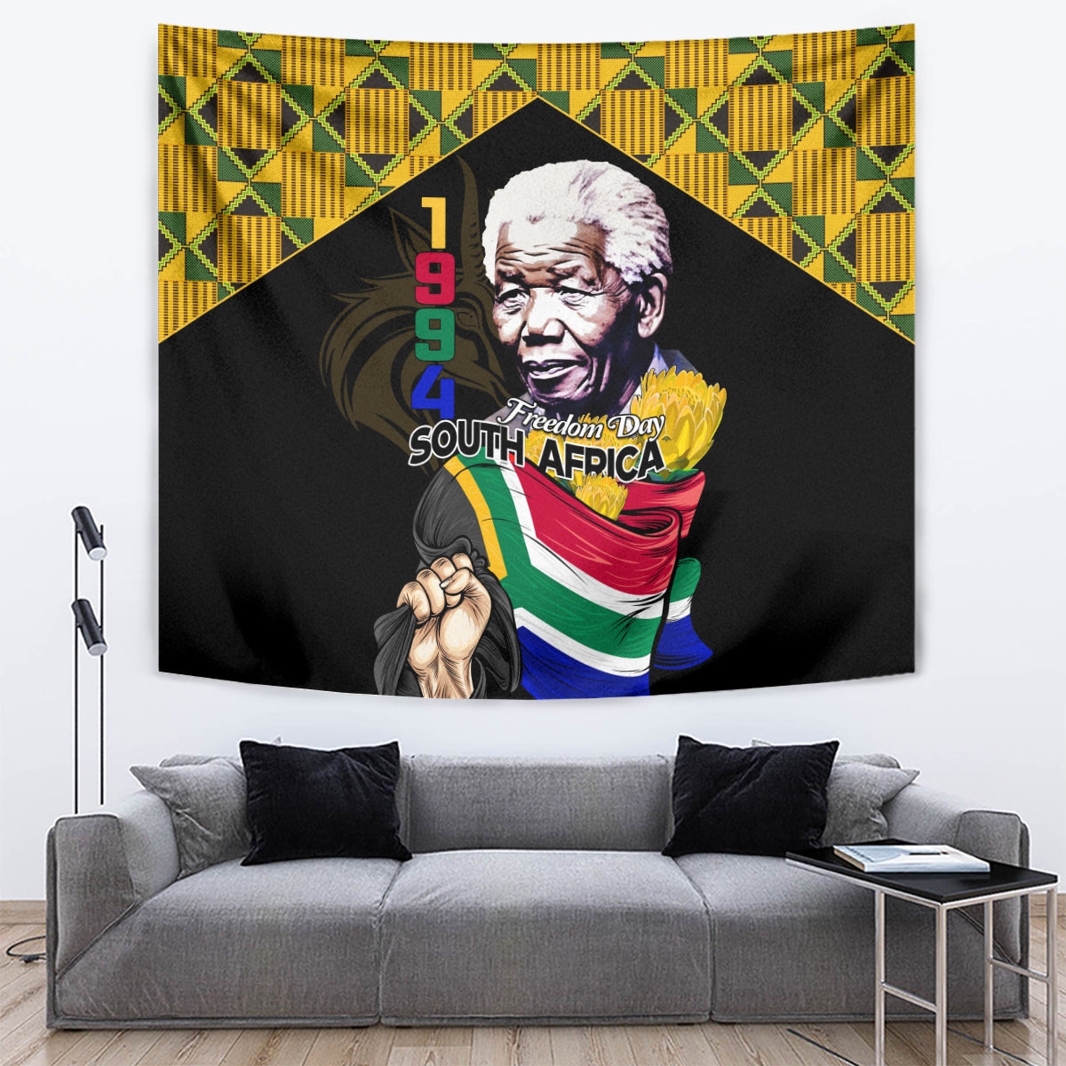 Black Freedom Day South Africa tapestry with Mandela portrait, geometric yellow-green trim