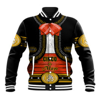 Black baseball jacket with striped ribbed collar, front bow, and Cinco de Mayo graphics