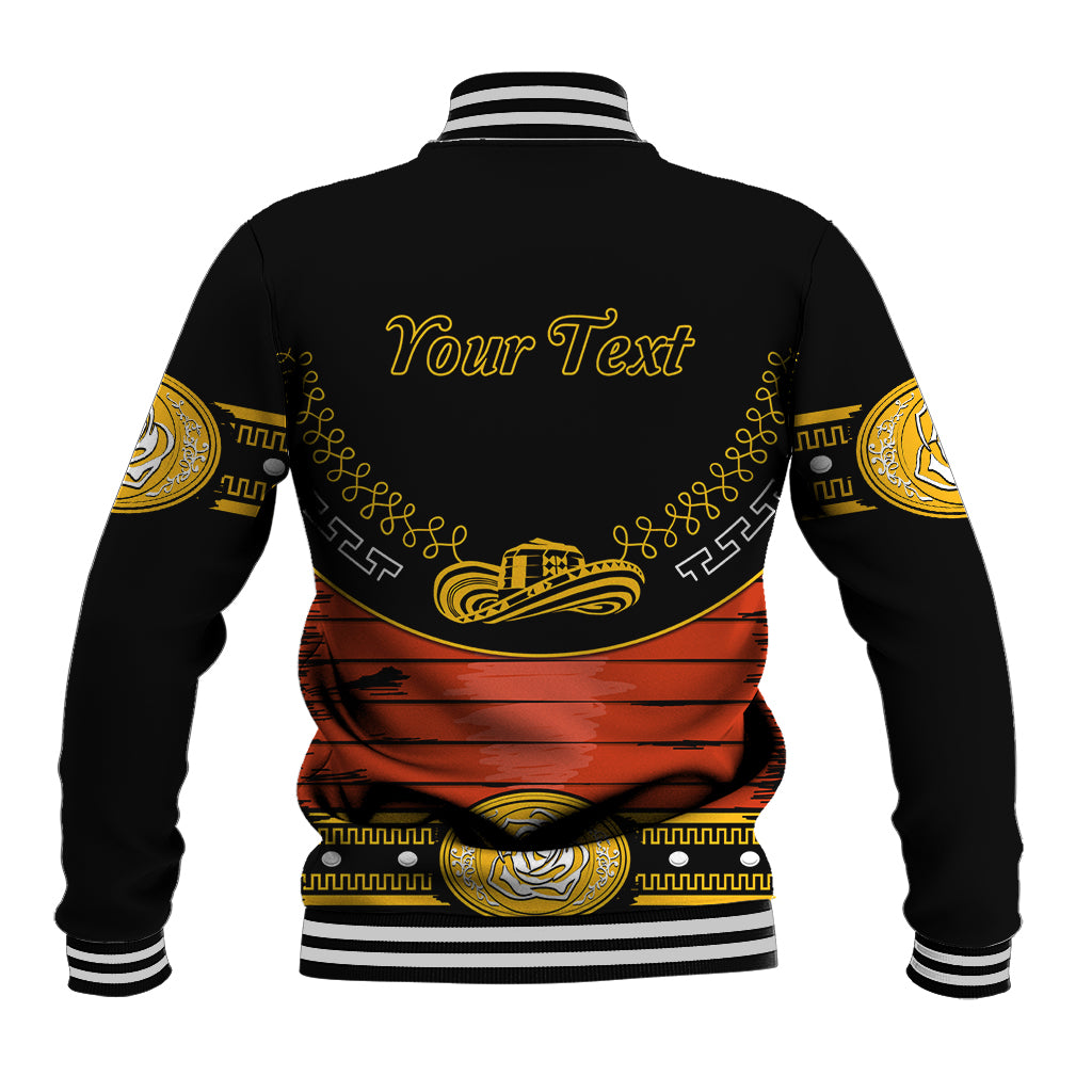 Black baseball jacket, back view, striped ribs with yellow “Your Text” and sombrero artwork