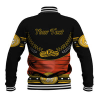 Black baseball jacket, back view, striped ribs with yellow “Your Text” and sombrero artwork