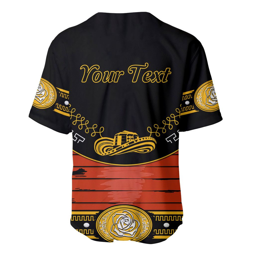 Black baseball jersey back with 'Your Text', gold sombrero and red striped band