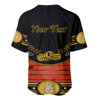 Black baseball jersey back with 'Your Text', gold sombrero and red striped band