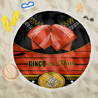 Black round beach blanket with fringe, red bow and Cinco de Mayo graphic