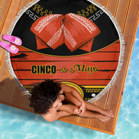Fringed round beach blanket, black background with red bow and Cinco de Mayo print