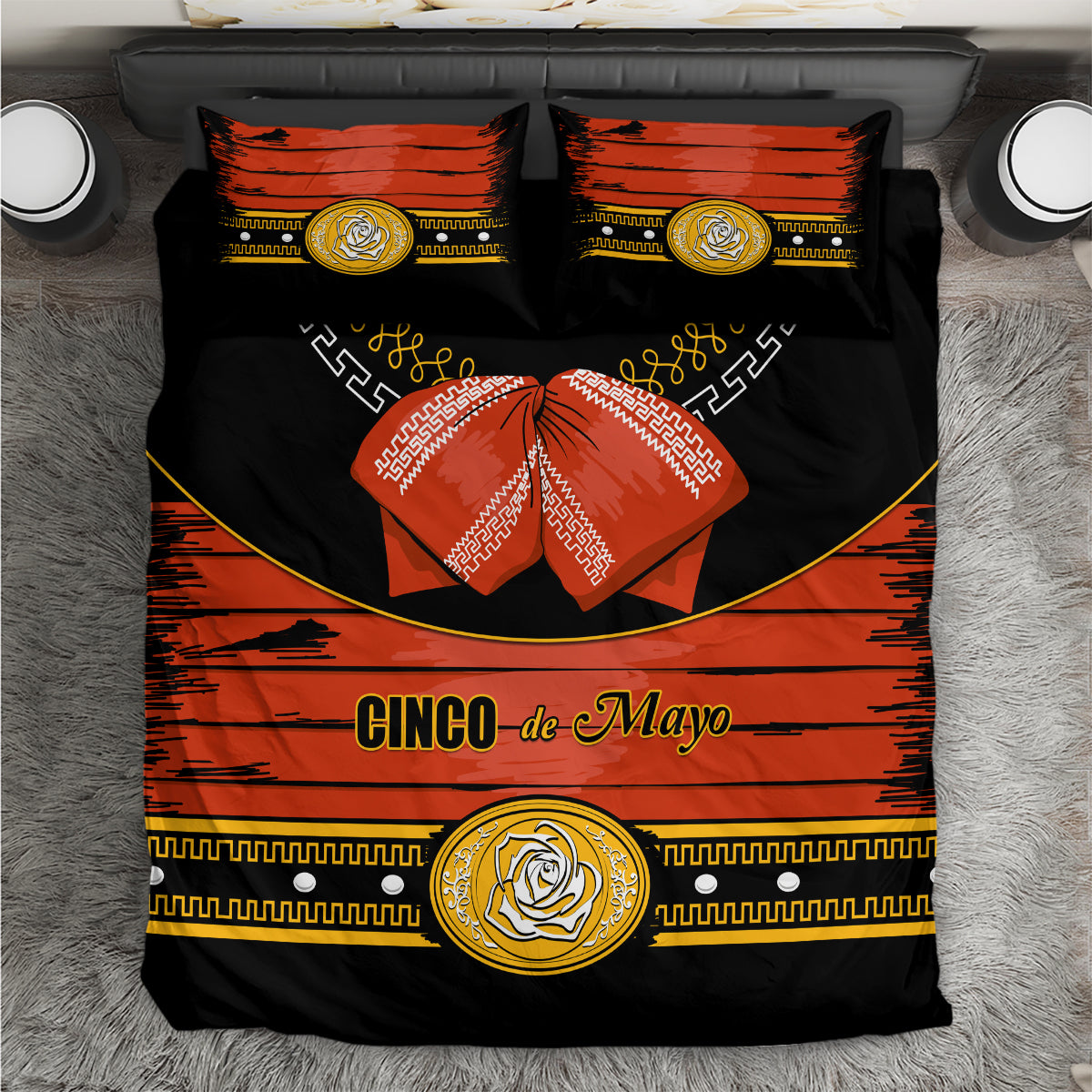 Cinco de Mayo bedding set: black duvet with orange stripes, gold emblem and red bow