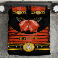 Cinco de Mayo bedding set: black duvet with orange stripes, gold emblem and red bow