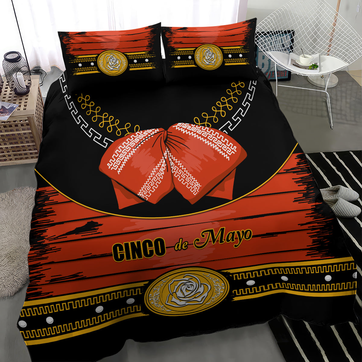 Cinco de Mayo bedding set: black duvet with orange-red stripes, gold medallion, red bow center