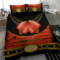 Cinco de Mayo bedding set: black duvet with orange-red stripes, gold medallion, red bow center