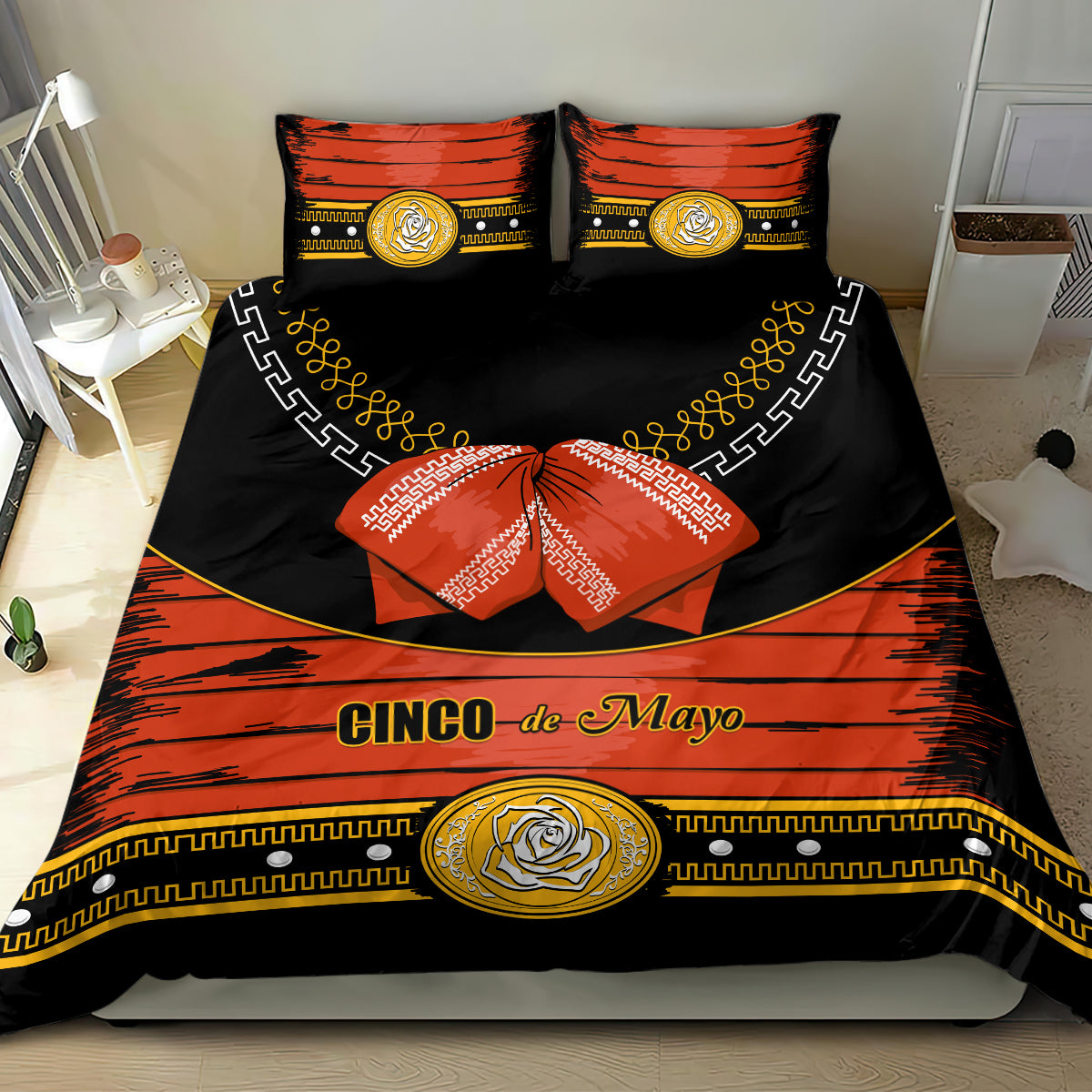 Cinco de Mayo bedding set: black duvet with orange-red stripes, gold emblem and red bow