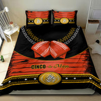Cinco de Mayo bedding set: black duvet with orange-red stripes, gold emblem and red bow