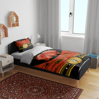 Cinco de Mayo bedding set: black duvet with orange-red stripe design and gold emblem, 2 pillows