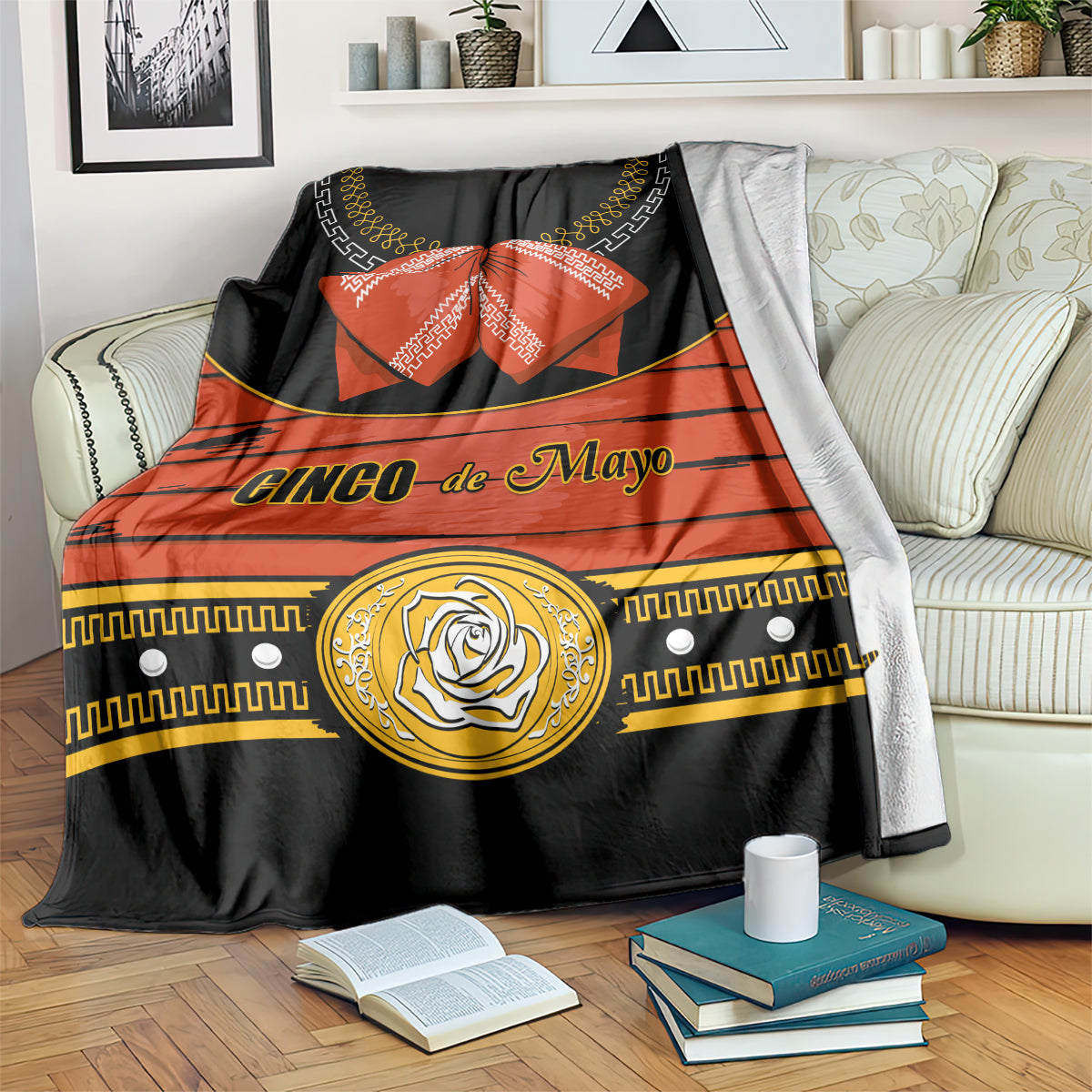 Black Cinco de Mayo charro-style blanket with orange band, gold trim, rose graphic