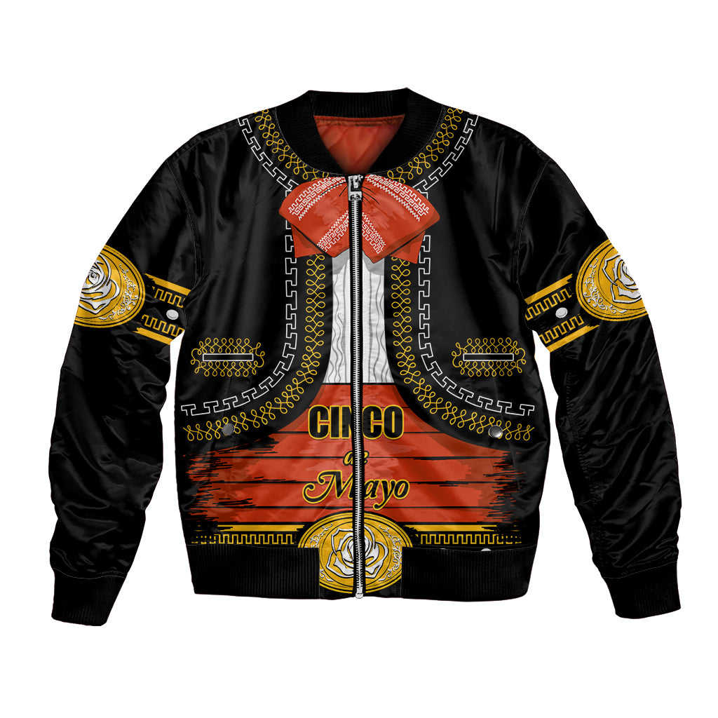 Black bomber jacket with front zipper and orange Cinco de Mayo graphic, gold trim