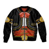 Black bomber jacket with front zipper and orange Cinco de Mayo graphic, gold trim