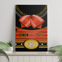 Black canvas wall art with red bow, 'Cinco de Mayo' lettering, and gold medallion