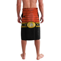 Men's charro-style wrap shorts, black/orange with yellow back graphic