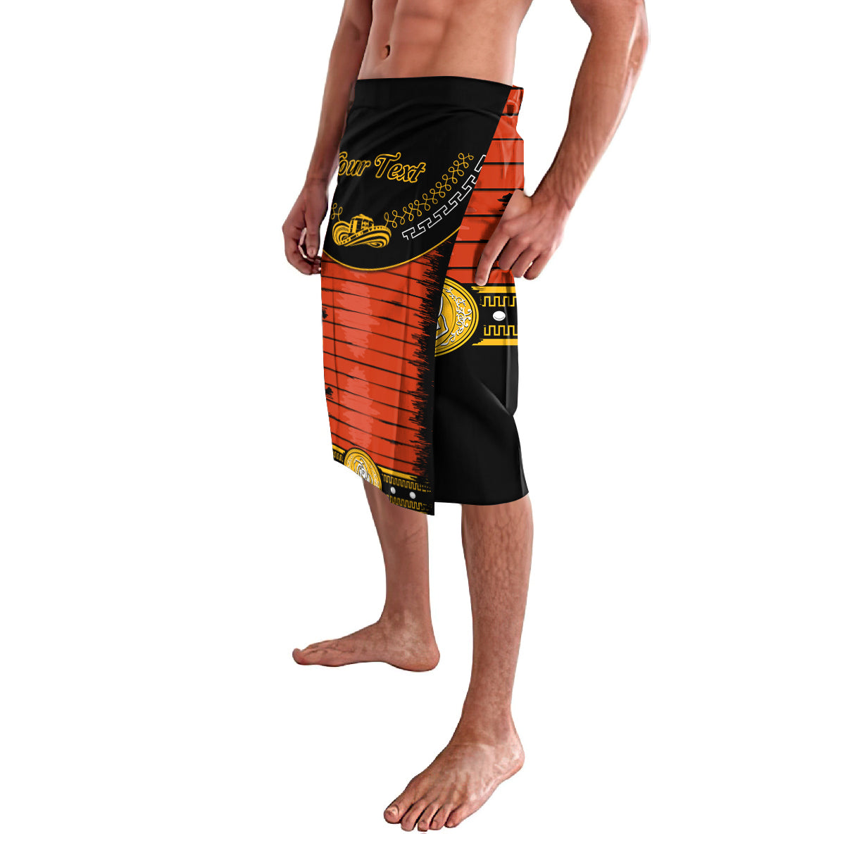 Men's charro-style wrap shorts, side view in black and orange with yellow trim