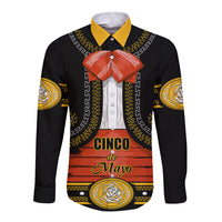 Black long-sleeve button shirt with yellow trim, red bow and Cinco de Mayo graphic