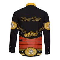Black long-sleeve button shirt with back text Your Text and gold rose-and-scroll graphic