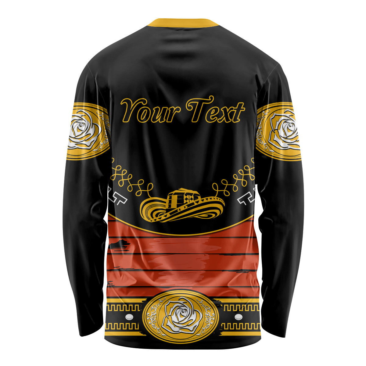 Black charro style long-sleeve shirt with yellow rose and musical graphic, Your Text on back