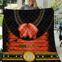 Charro-style quilt with black quilted pattern, orange band, gold border, 'Cinco de Mayo'