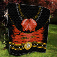 Black charro quilt with orange stripe, 'Cinco de Mayo' lettering, red bow, gold emblem