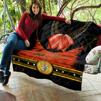 Black and orange charro quilt with ribbon bow, gold emblem, and 'Cinco de Mayo' text