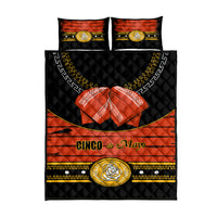 Cinco de Mayo quilt bed set flat view: black and orange design with rose emblem
