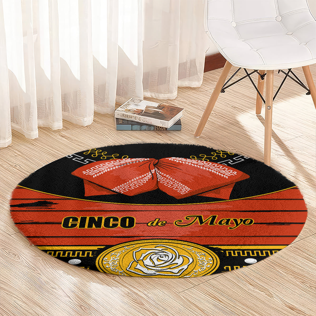 Black round carpet rug with 'Cinco de Mayo' banner, orange bow, and gold rose emblem
