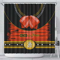 Black shower curtain with orange striped band, centered bow, and gold 'Cinco de Mayo'